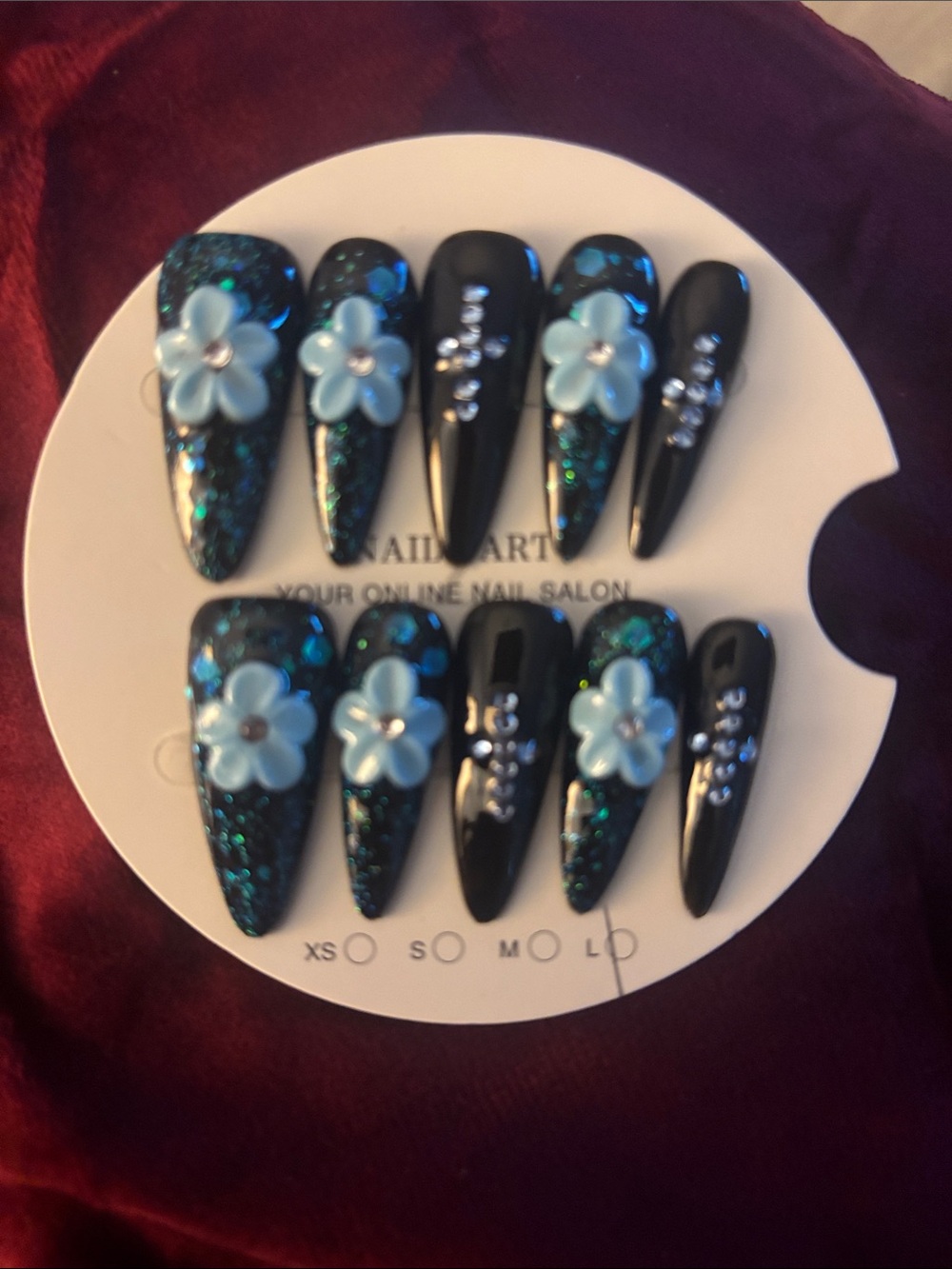 Black Glitter Stiletto Press-On Nails with Blue Flower Accents